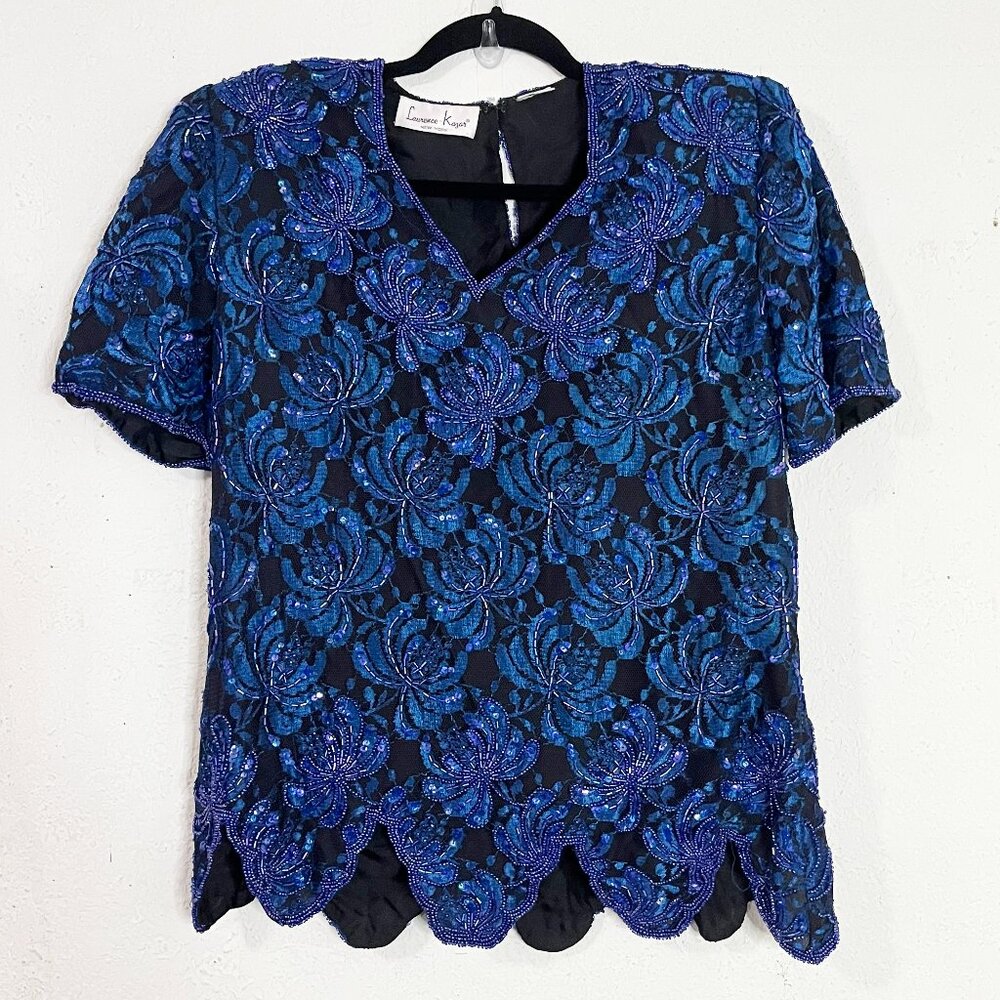 Laurence Kazar Beaded Formal Women's Floral Black And Blue Formal Blouse